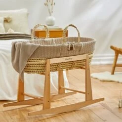 Natural Knitted Moses Basket, Mattress & Rocking Stand Bundle - Truffle