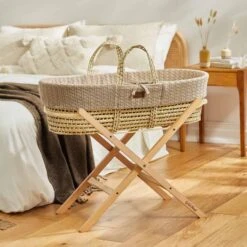 Natural Knitted Moses Basket, Mattress & Stand Bundle - Truffle